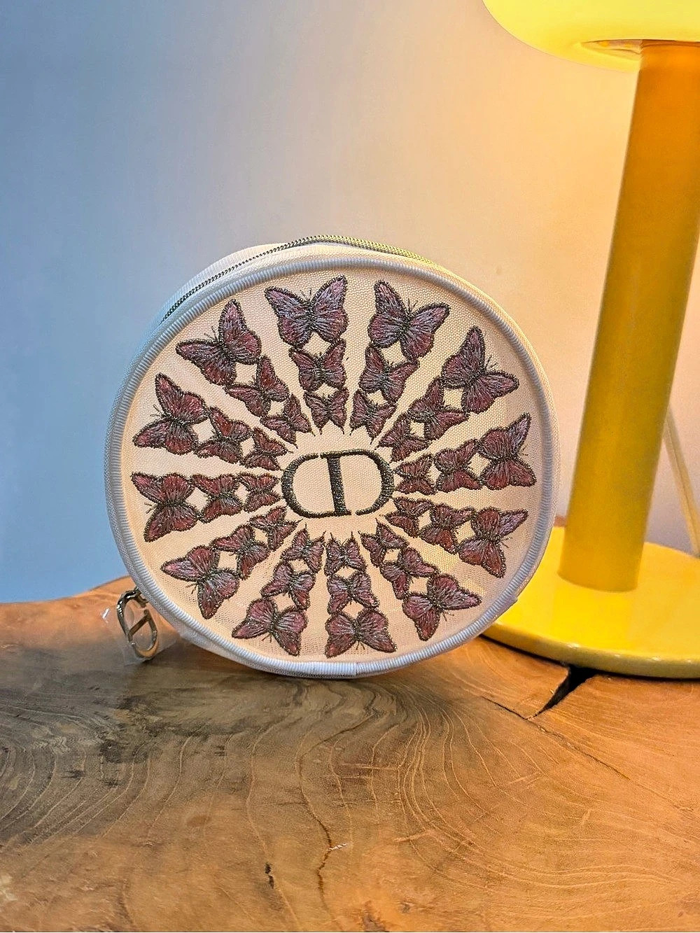 Dior Beauty Limited Edition Butterfly Embroidered Round Pouch White & Pink